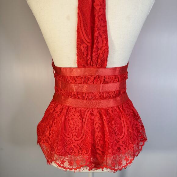 Bebe Lace Halter Peplum Top Poppy Red Women’s Small Plunge Satin Waist Y2K Party - Picture 12 of 16